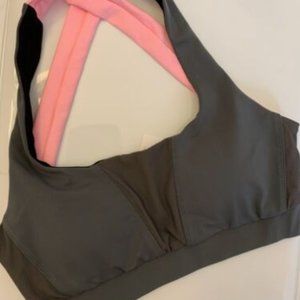 NWT TokiYogi Womens Sports Yoga Bra Size Large Gray Pink Strappy Back Reflective